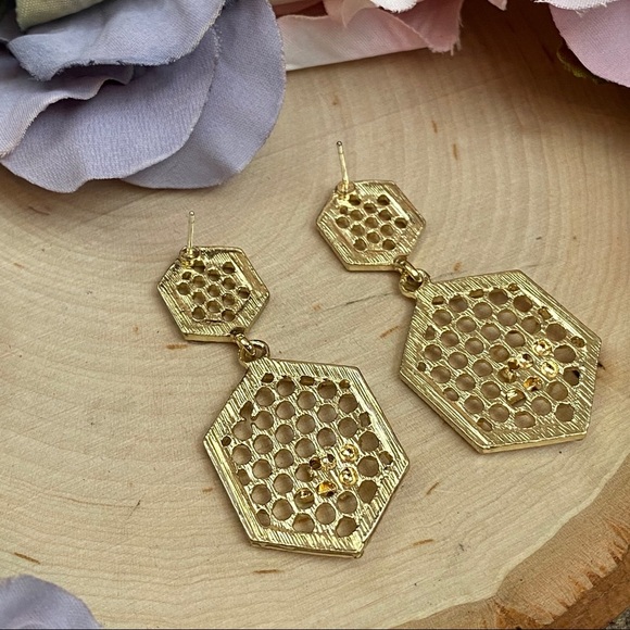 Gold Crystal Honeycomb Earrings with Bumblebee - Picture 14 of 16